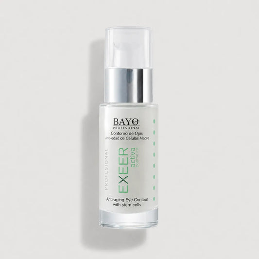 Contorno de ojos antiedad Bayo Profesional Exeer Activa con células madre, en envase con dosificador.