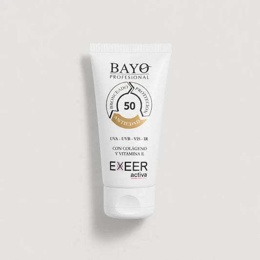 Protector solar bronceador SPF 50 Bayo Profesional Exeer Activa con acción antiedad, colágeno y vitamina E.