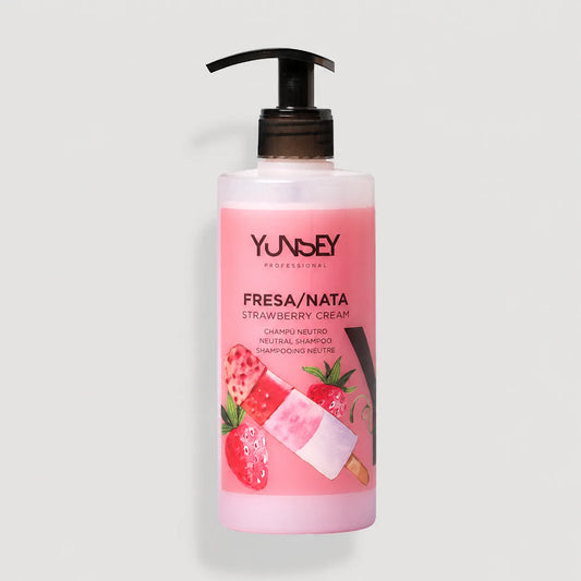 Champú neutro de fresa y nata Yunsey Professional de 400 ml con dosificador.