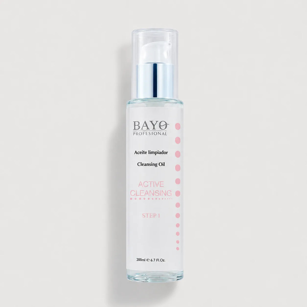Aceite limpiador Bayo Profesional Active Cleansing Step 1 de 200 ml en envase con dosificador.
