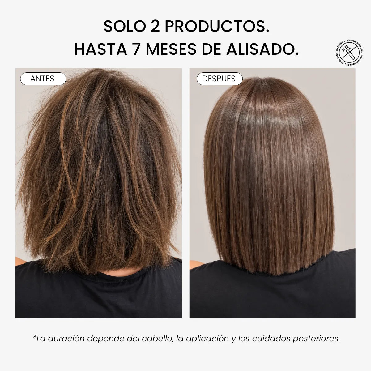 Antes y después del tratamiento de alisado Keratin Go de Yunsey Professional en cabello castaño. Resultado profesional con menos encrespamiento, más brillo, suavidad y un alisado visible.