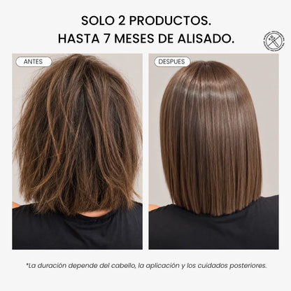 Antes y después del tratamiento de alisado Keratin Go de Yunsey Professional en cabello castaño. Resultado profesional con menos encrespamiento, más brillo, suavidad y un alisado visible.