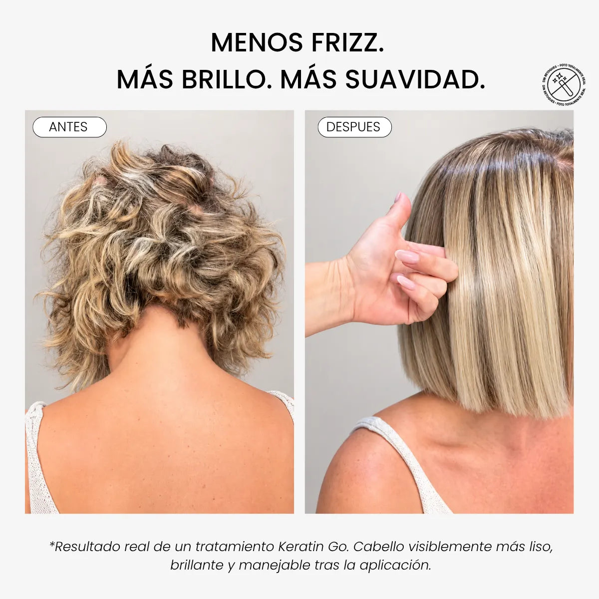 Antes y después del tratamiento de alisado Keratin Go de Yunsey Professional en cabello rubio. Resultado profesional con menos encrespamiento, más brillo, suavidad y un cabello visiblemente más liso.