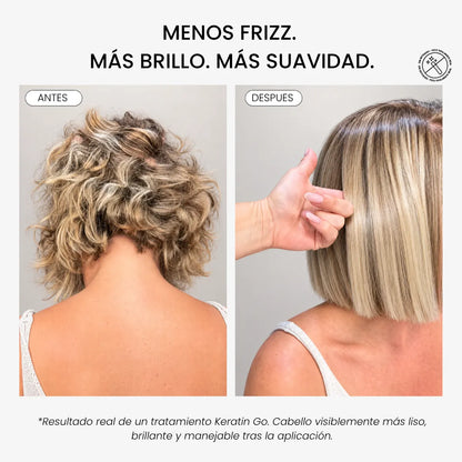 Antes y después del tratamiento de alisado Keratin Go de Yunsey Professional en cabello rubio. Resultado profesional con menos encrespamiento, más brillo, suavidad y un cabello visiblemente más liso.