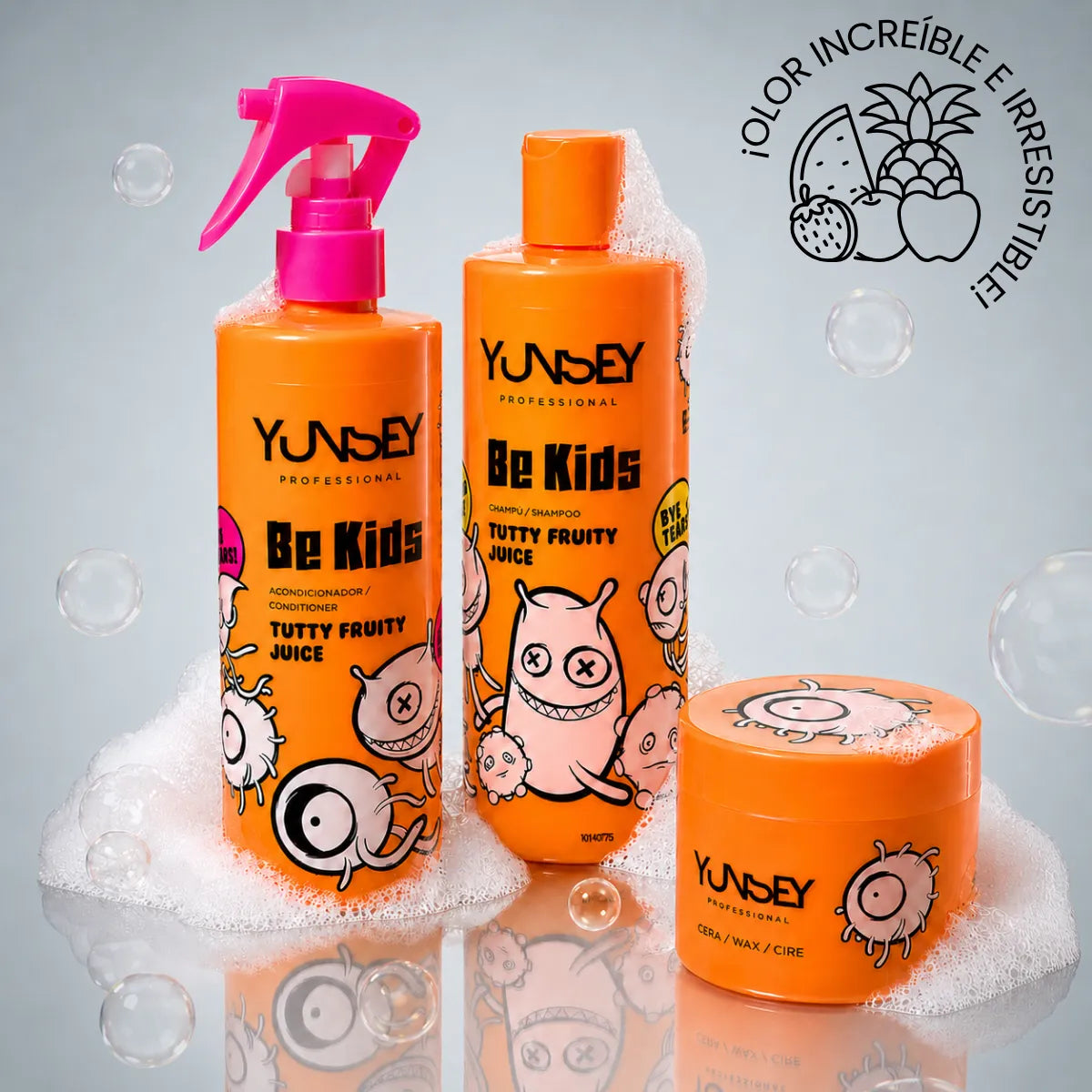 Champú, acondicionador y cera Yunsey Be Kids del pack de cuidado infantil con aroma Tutty Fruity.