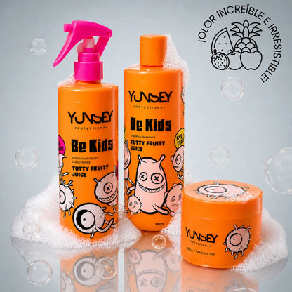 Champú, acondicionador y cera Yunsey Be Kids del pack de cuidado infantil con aroma Tutty Fruity.