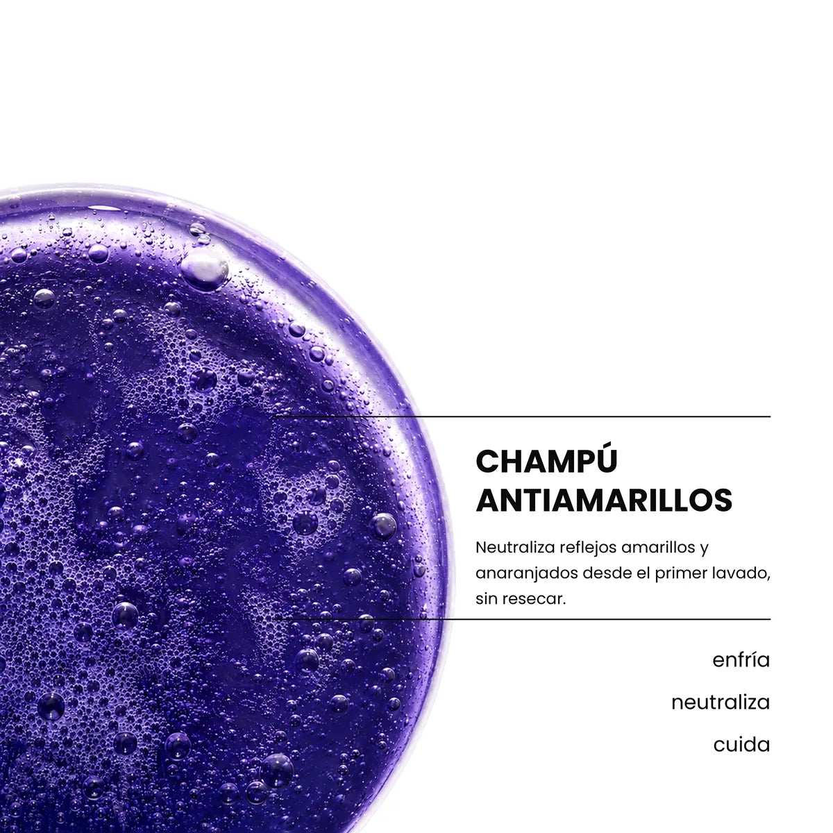 Textura morada del champú antiamarillos de Pasabelu, diseñado para neutralizar reflejos amarillos y anaranjados sin resecar.
