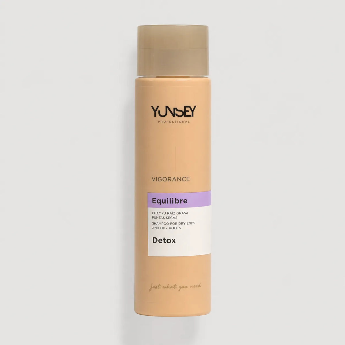 Champú Detox Yunsey Professional Vigorance Equilibre para raíz grasa y puntas secas en envase beige.
