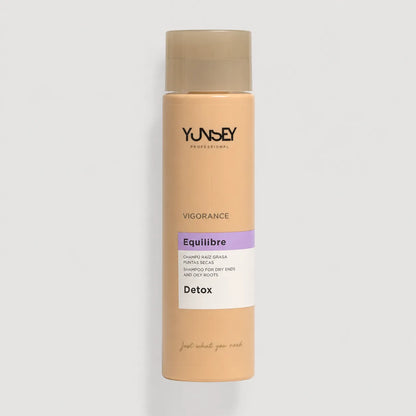 Champú Detox Yunsey Professional Vigorance Equilibre para raíz grasa y puntas secas en envase beige.