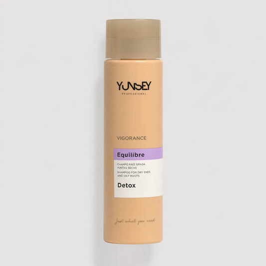 Champú Detox Yunsey Professional Vigorance Equilibre para raíz grasa y puntas secas en envase beige.