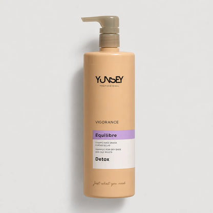 Champú Equilibre Detox Vigorance de Yunsey Professional para raíces grasas y puntas secas, en formato de 1000 ml.