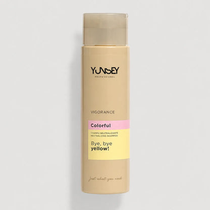 Champú neutralizante Yunsey Professional Vigorance Colorful Bye Bye Yellow en envase beige con etiqueta amarilla.
