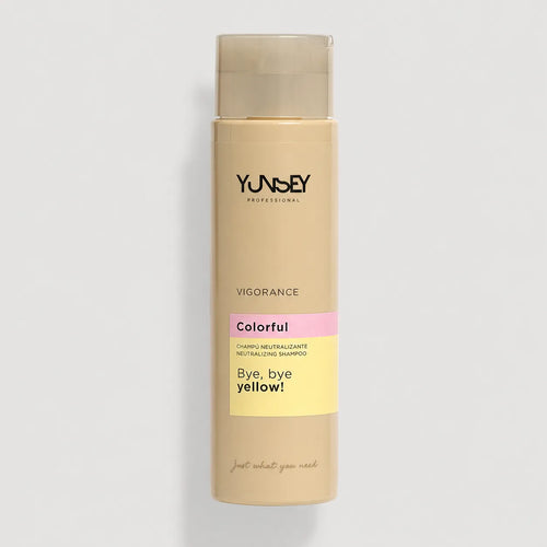 Champú neutralizante Yunsey Professional Vigorance Colorful Bye Bye Yellow en envase beige con etiqueta amarilla.