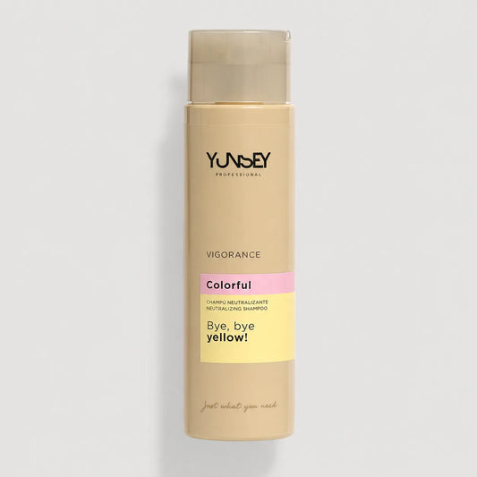 Champú neutralizante Yunsey Professional Vigorance Colorful Bye Bye Yellow en envase beige con etiqueta amarilla.