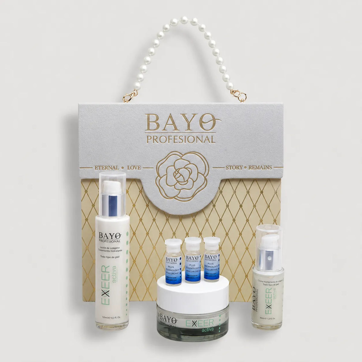 Cofre Bayo Profesional Exeer Activa con loción de colágeno, crema hidratante, sérum y ampollas de ácido hialurónico.