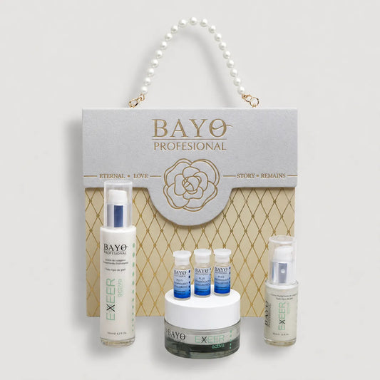 Cofre Bayo Profesional Exeer Activa con loción de colágeno, crema hidratante, sérum y ampollas de ácido hialurónico.