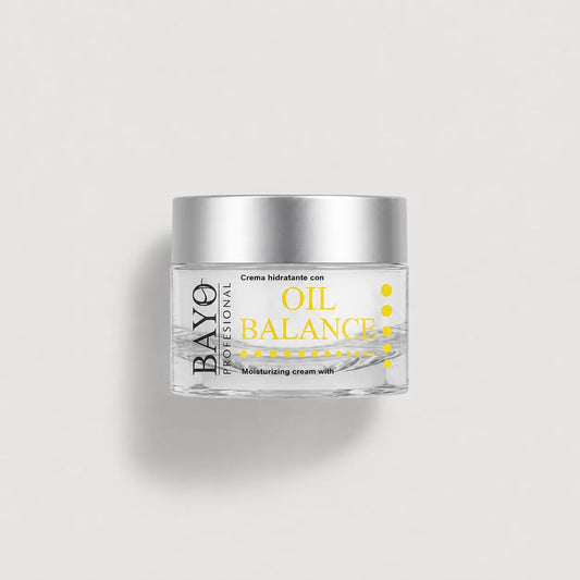 Crema hidratante Bayo Profesional Oil Balance en tarro con tapa plateada.
