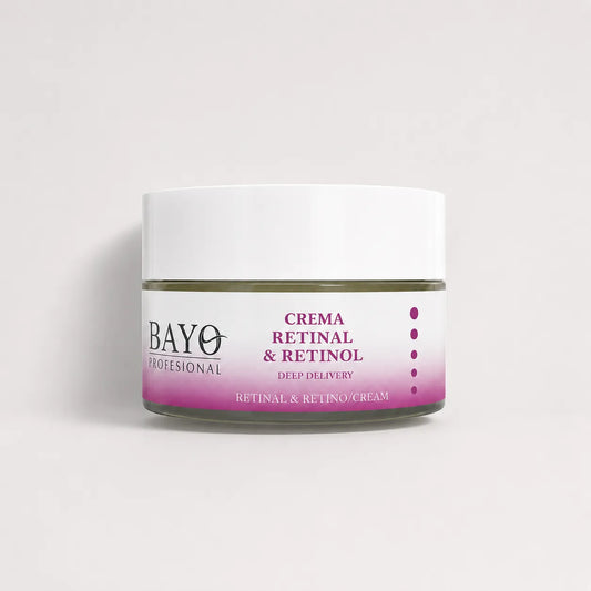 Crema Bayo Profesional con retinal y retinol Deep Delivery en tarro con tapa blanca.