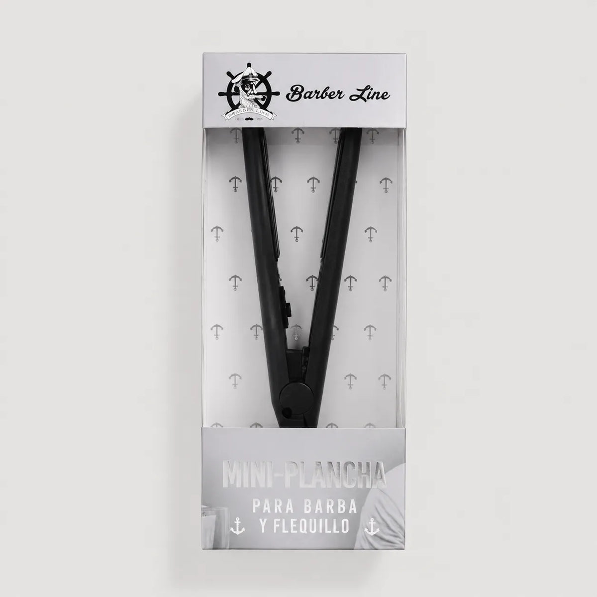 Mini plancha negra Barber Line para alisar barba y flequillo, presentada en caja transparente.