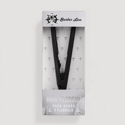 Mini plancha negra Barber Line para alisar barba y flequillo, presentada en caja transparente.