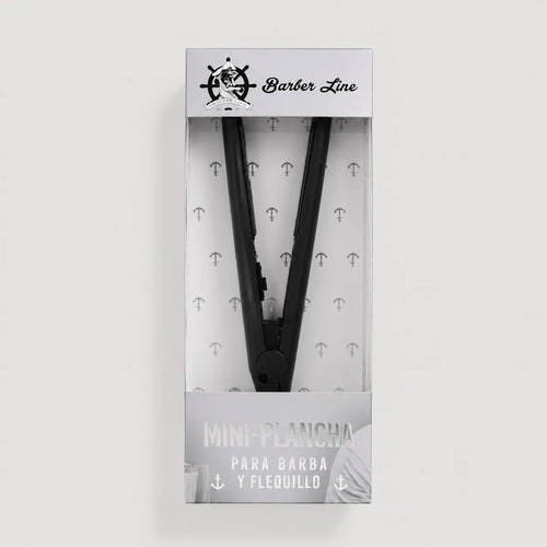 Mini plancha negra Barber Line para alisar barba y flequillo, presentada en caja transparente.