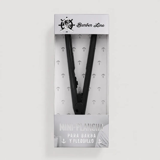 Mini plancha negra Barber Line para alisar barba y flequillo, presentada en caja transparente.