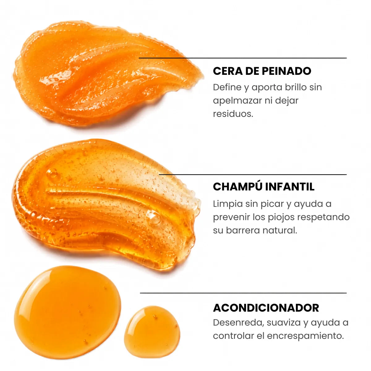 Texturas de la cera de peinado, el champú infantil y el acondicionador del pack de cuidado del cabello para niños de Pasabelu.