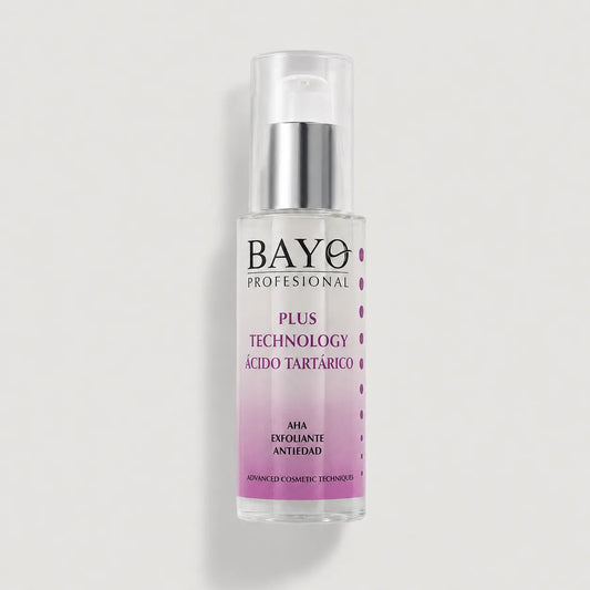 Sérum Bayo Profesional Plus Technology con ácido tartárico AHA, acción exfoliante y antiedad, en envase con dosificador.