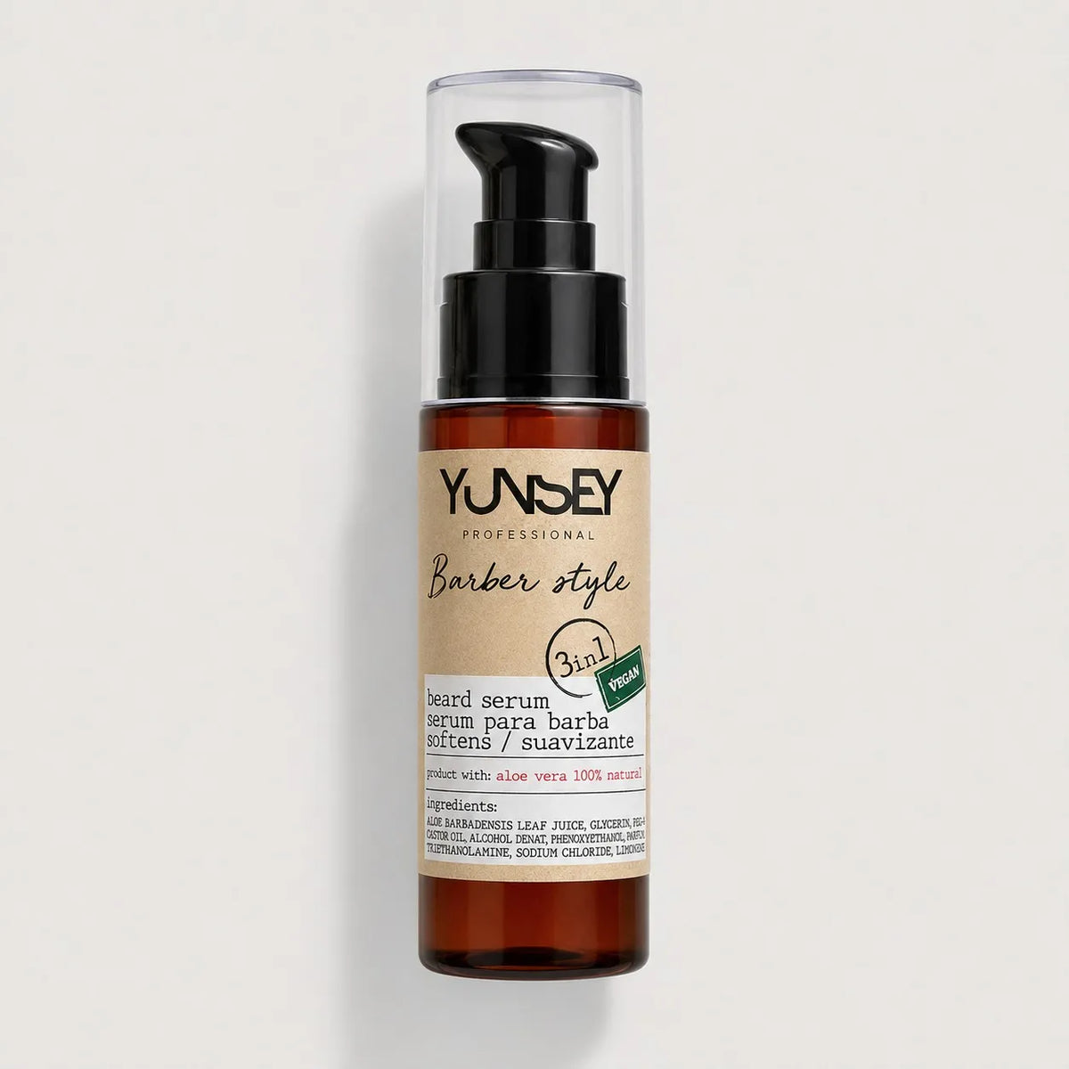 Sérum para barba Yunsey Professional Barber Style 3 en 1 con aloe vera y dosificador.