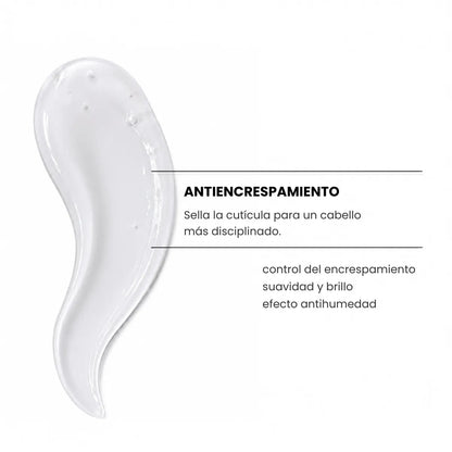 Producto capilar antiencrespamiento en textura gel transparente. La imagen destaca su capacidad para sellar la cutícula y conseguir un cabello más disciplinado, con control del encrespamiento, suavidad, brillo y efecto antihumedad.
