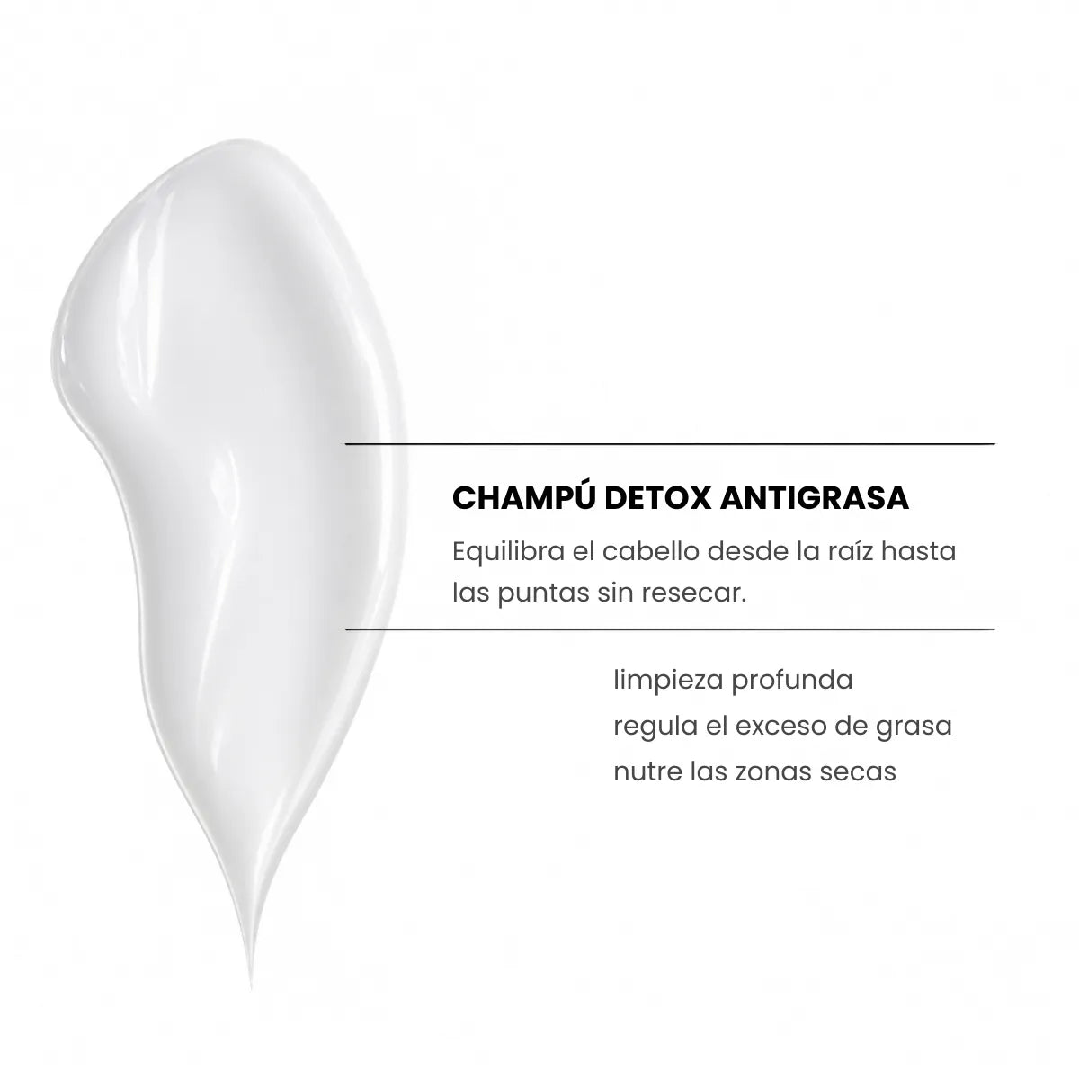 Textura del Champú Raíz Grasa y Puntas Secas Yunsey, champú detox antigrasa que limpia en profundidad, regula el exceso de grasa y nutre las zonas secas del cabello.