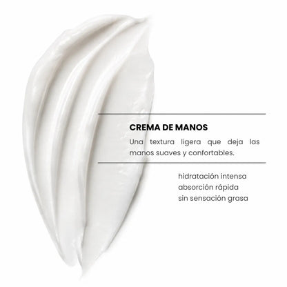 Crema de manos de textura ligera y color blanco. La imagen destaca sus beneficios: hidratación intensa, absorción rápida y manos suaves y confortables sin sensación grasa.