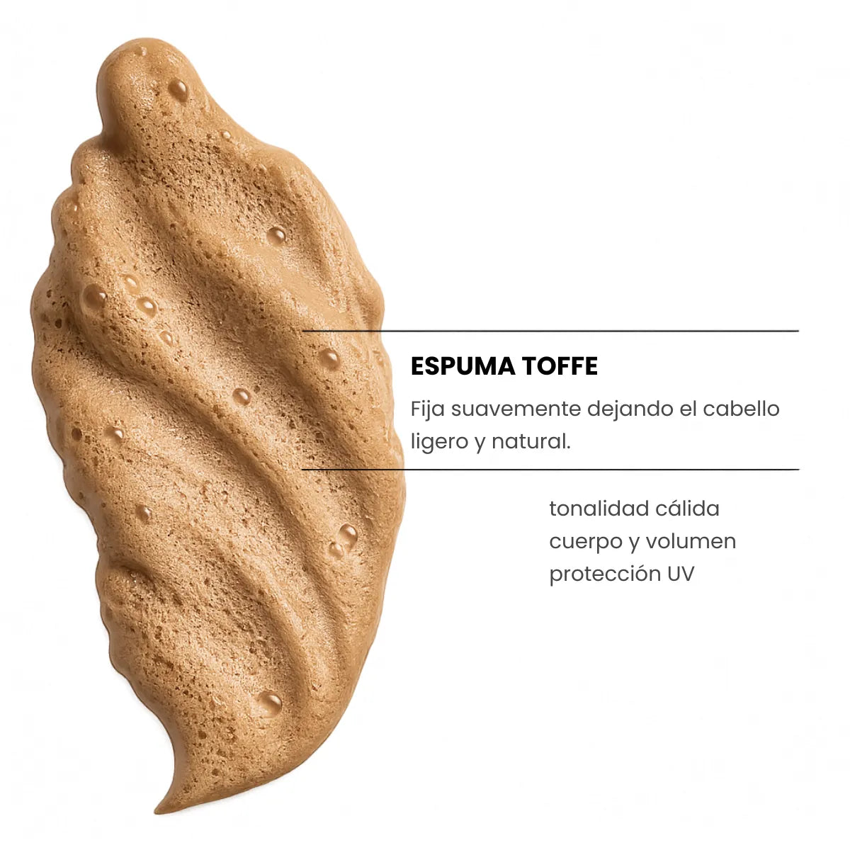 Textura de la Espuma Toffee Yunsey, espuma de fijación suave que aporta tonalidad cálida, cuerpo, volumen y protección UV al cabello.