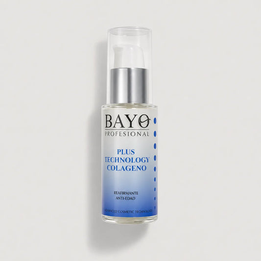Tratamiento facial Bayo Profesional Plus Technology con colágeno, acción reafirmante y antiedad, en envase con dosificador.