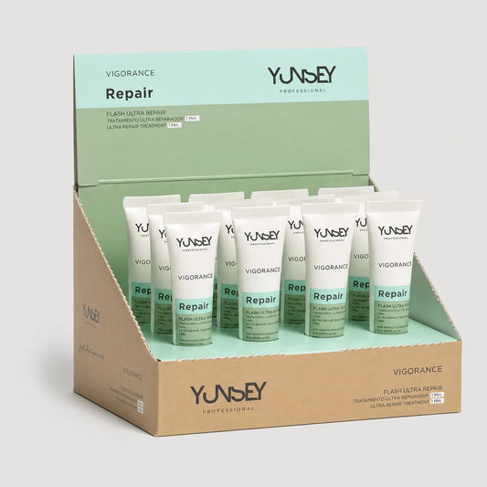 Expositor del Tratamiento Flash Yunsey Vigorance Repair con monodosis de tratamiento ultra reparador para el cabello.